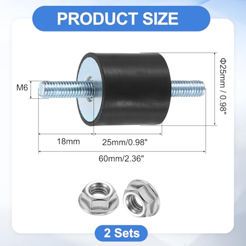 uxcell 2Pcs M6 x 18mm Rubber Mounts, 25 x 25mm Cylindrical Anti Vibration Isolator Studs Shock Absorber Double Studs with Nuts for Car Bobbin Generator Air Compressors - size: M6 x 18mm, 25 x 25mm