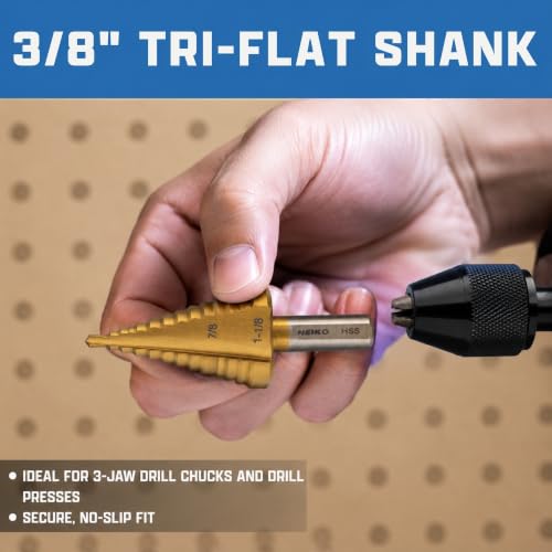 NEIKO 10626A Step Drill Bit, 2 Steps 7/8" to 1-1/8" Straight High Speed Steel, Titanium Nitride Coated, 3/8" Tri-Flat Step Bits for Steel, Metal, Wood, Plastic, Unibit Cone Drill Bits, Two Flute - size: #9 (7/8 - 1-1/8", 2S), style: Straight