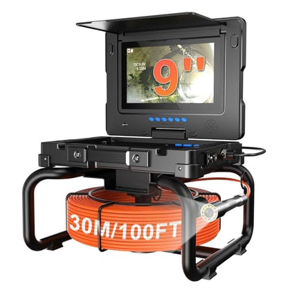 Sewer Camera 9'' HD 1080P Plumbing Snake Pipe Inspection Camera DVR，100ft/30m Industrial Borescope Snake with Meter Counter，4500mAh Battery, IP68 for Plumber & Homeowner
