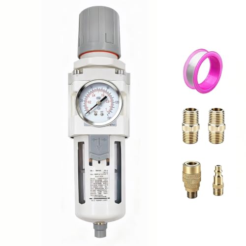 XingNEeng 3/8" NPT Compressed Air Filter Regulator Combo Piggyback, Water/Oil Trap Separator with Pressure Gauge(0-150 psi), Semi-Auto Drain, Poly Bowl, 5 Micron Brass Element, Metal Bracket - color: 3/8" Npt, size: Semi-Auto Drain