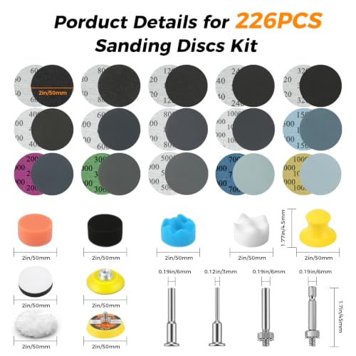 317pcs 2 Inch Sanding Disc Headlight Buffing Sanding Pads Restoration Kit Wet Dry 60 to 10000 Grits Hook and Loop Drill Sanding Attachment with 1/4" 1/8" Shank for Car Wood Metal Glass Resin - size: 2 INCH