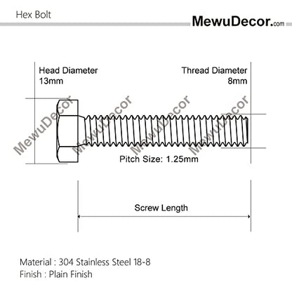 M8-1.25 x 25mm Hex Head Bolts Hexagon Screws, 304 Stainless Steel 18-8, Plain Finish, Fully Threaded, 25 PCS - size: M8 x 25mm