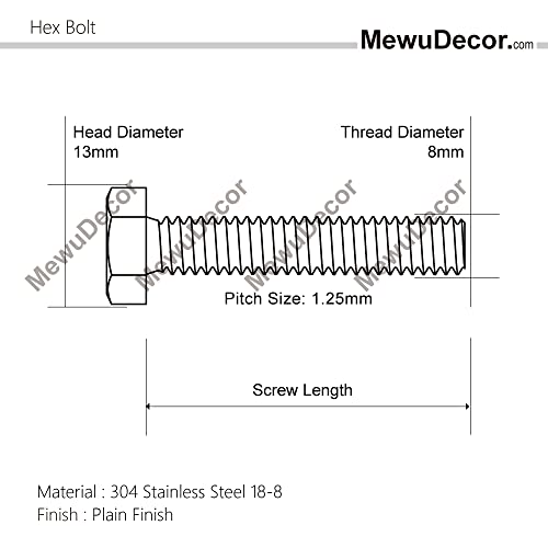 M8-1.25 x 20mm Hex Head Bolts Hexagon Screws, 304 Stainless Steel 18-8, Plain Finish, Fully Threaded, 25 PCS - size: M8 x 20mm