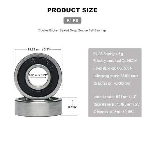 10 PCS R4-2RS Deep Groove Ball Bearings. Double Rubber Seal Bearings 1/4" x 5/8" x 0.196", Pre-Lubricated and Stable Performance (R4 RS)