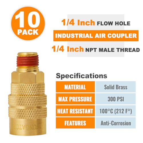 SUNGATOR Brass 1/4" Male Air Hose fitting, 10-Pack MNTP Industrial Coupler - size: 1/4'' Male, style: 10 Pack