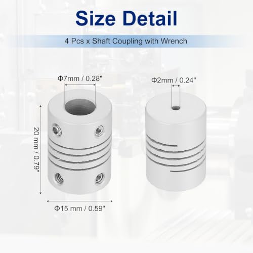 Flexible Shaft Coupling(2mm|7mm): 4 Pcs Silver Aluminum Alloy - color: Silver, size: 2mm x 7mm (15mm OD, 25mm L)