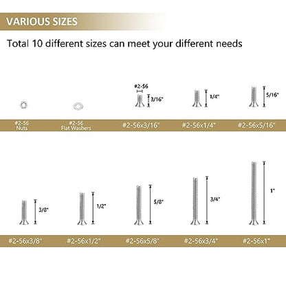 252 Pieces #2-56 x 3/16", 1/4", 5/16", 3/8", 1/2", 5/8", 3/4", 1", Countersunk Head Socket Cap Screws Nuts Washers Assortment Kit, 304 Stainless Steel, Fully Machine Thread - size: #2-56, style: Countersunk Head