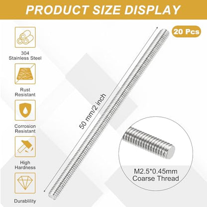 uxcell 20Pcs Fully Threaded Rod M2.5 x 0.45mm Pitch 50mm/2 Inch Threaded - size: M2.5x0.45mmx50mm