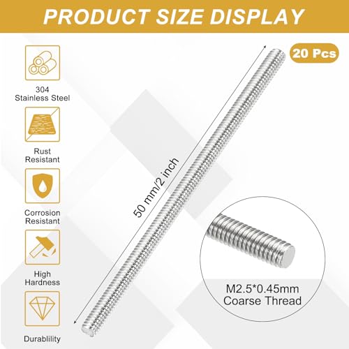 uxcell 20Pcs Fully Threaded Rod M2.5 x 0.45mm Pitch 50mm/2 Inch Threaded - size: M2.5x0.45mmx50mm