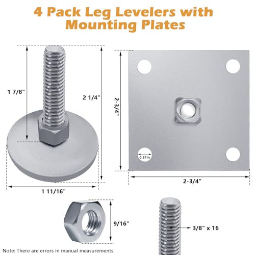 BigHead Heavy Duty 2" Leg Levelers Set with Square Mounting Plates Compatible with Arcade Cabinets & Pinball Machines (Bally, Williams, Stern) Game Leg Leveler Rounded Swivel Floor Protectors(4PCS)