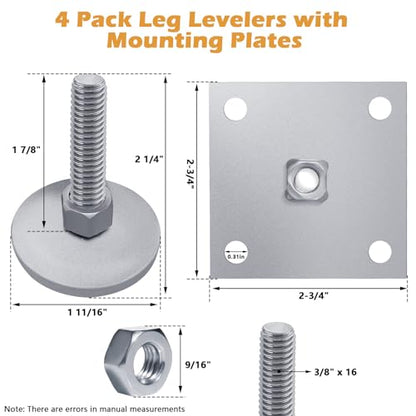 BigHead Heavy Duty 2" Leg Levelers Set with Square Mounting Plates Compatible with Arcade Cabinets & Pinball Machines (Bally, Williams, Stern) Game Leg Leveler Rounded Swivel Floor Protectors(4PCS)