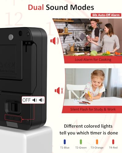 Digital Kitchen Timer with 4 Channel, Loud Alarm and Silent Mode - color: Black
