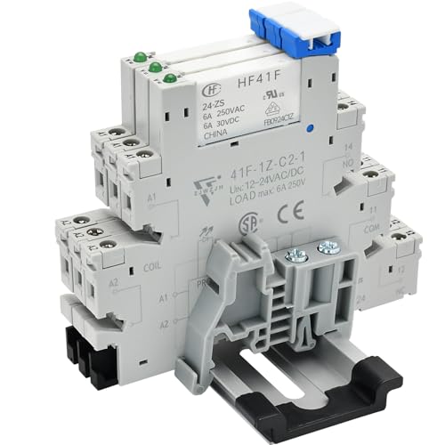 UL Listed DIN Rail Relay 24V 3 Pcs Miniature Power Relay 24V DC/24V AC HF41F/24-ZS, 6 Amp 1NO 1NC with LED Indicator, Socket Base 41F-1Z-C2 - size: 24V DC/AC