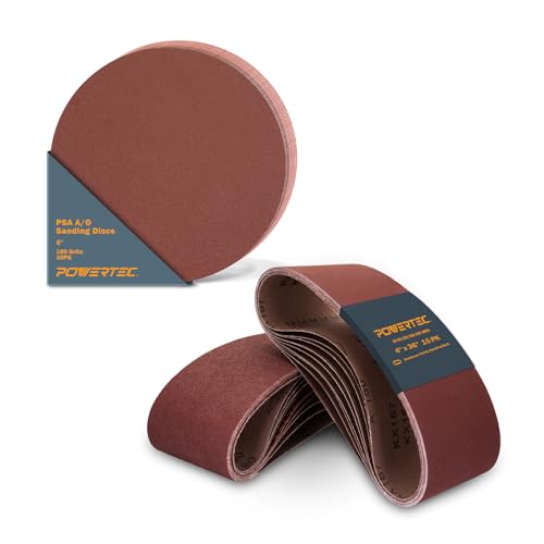 POWERTEC 35PK Sanding Belts & PSA Sanding Discs Set, Incl. 25PK 4x36 Aluminum Oxide Belts 40/80/120/150/240 Grits + 10PK 6" Self-Adhesive Disc 80 Grits for Benchtop Belt & Disc Sander (110292)