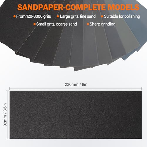 KENDO 44pcs Wet & Dry Sandpaper with Sanding Block, 120 to 3000 Grit - style: WDS-44PCS