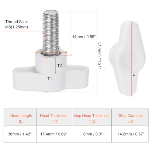 HARFINGTON 10pcs Wing Knobs M8 x 14mm Male Thread Plastic Tee Stud Knobs T Threaded Handles Hand Clamping Tightening Thumb Screws Thumbscrew, White - color: White, size: M8 x 14mm