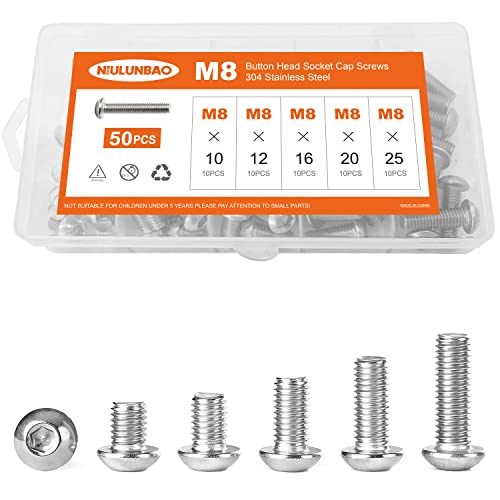 M8 x 10mm 12mm 16mm 20mm 25mm Button Head Socket Cap Screws Bolts, 304 Stainless Steel, Metric Allen Hex Drive, Machine Fully Threaded, Assortment Kit 50PCS - size: M8 x 10/12/16/20/25mm (50PCS)