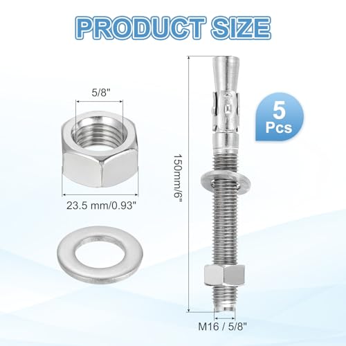 MECCANIXITY 5 Pcs Wedge Anchors, 5/8" x 6" Stainless Steel Concrete Anchors Bolts, Heavy Duty Standard Fastener for Cement Wall Base Bracket (Include Washers Nuts, Silver Tone) - size: 5/8" x 6"