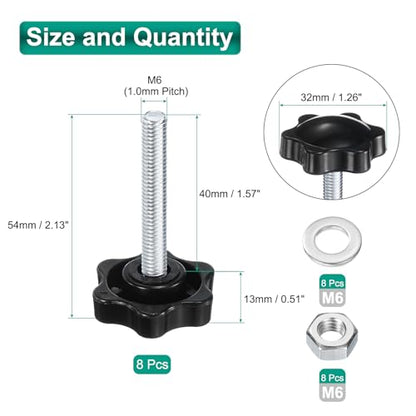 uxcell 8pcs Star Clamping Knobs with Nuts Washers, M6 x 40mm Metric Zinc Plated Carbon Steel Male Thread 32mm 6-Star Plastic Head, Threaded Stud Hand Knobs Handles Thumb Screws, Black - size: M6 x 40mm