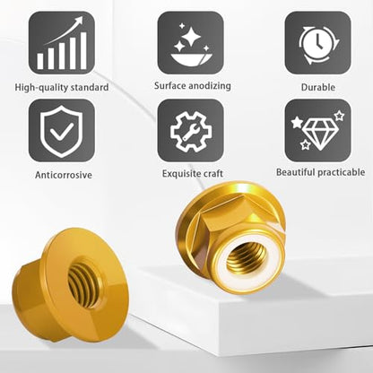 12Pcs M4 Flange Nuts Aluminum, M4-0.7mm Hex Flange Nylon Insert Lock Nuts for 1/10 Scale RC Car Traxxas Slash 4x4 2WD Stampede VXL Rustler VXL HPI Redcat Axial Racing Truck Buggy Crawler Wheels Gold - color: Gold, size: 12Pcs