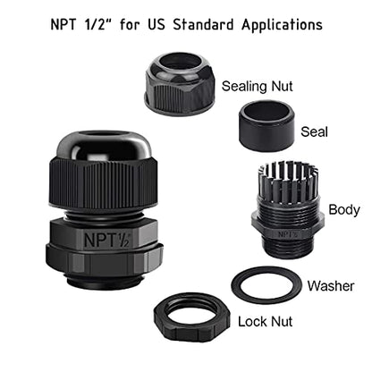 LeMotech 100 Pack NPT 1/2" Cable Glands Waterproof Adjustable 6-12mm Cable Connectors Black Nylon Joints with Gaskets - color: Black, size: 1/2inch 100-pack