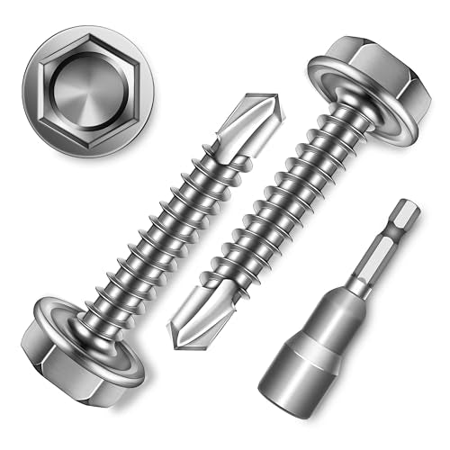100Pcs #8 x 1 Sheet Metal Screws, 410 Stainless Steel Self Drilling Hex Washer Head Self Tapping Screws for Metal with Drill Bit - color: Silver, size: #8 x 1"