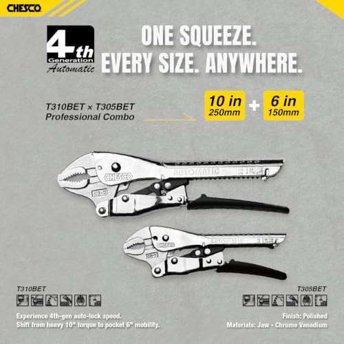 CHESCO 6" & 10" Curved Jaw 4th Gen Self-Adjusting Locking Pliers, One-Hand Auto-Lock Design, Heavy-Duty Cr-V Steel Professional Hand Tool for Automotive, Plumbing & DIY (2-Piece) - size: 6 Inch & 10 Inch