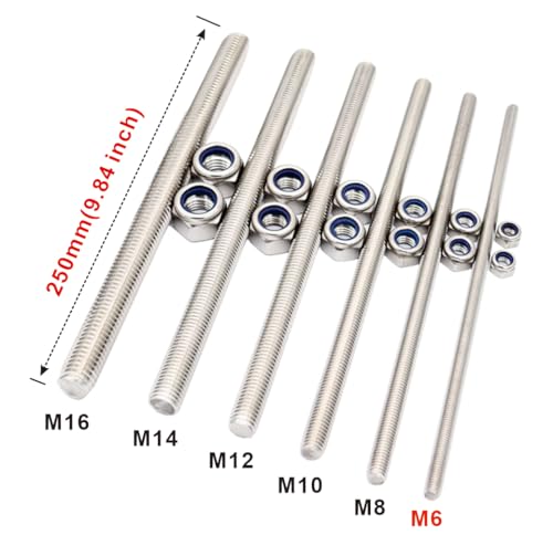 M6x250mm Threaded Rod 2 pcs 304 Stainless Steel Fully Metric Threaded Rod - size: M6*250mm