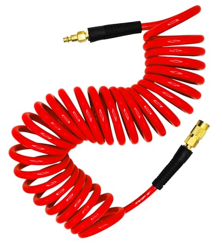 YOTOO Polyurethane Recoil Air Hose 3/8" Inner Diameter by 25' Long with Bend Restrictor, Repairable 1/4" Industrial Quick Coupler and Plug, Red - size: 25 FT