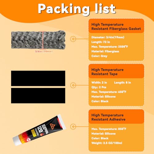 Wood Stove Gaskets, Gasket Rope Replacement for Woodstoves and Fireplaces Door Seal, High Temperature Resistant Fiberglass Gasket Kit, Size 3/4"(19mm), Length 72", Grey Color - size: 3/4 Inch