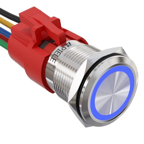 APIELE 19mm Latching Push Button Switch 12V DC Angel Eye Halo Ring LED Metal 0.74" 1NO1NC SPDT with Wire Socket Plug (Blue) - color: Silver Shell-Blue, size: Silver Shell
