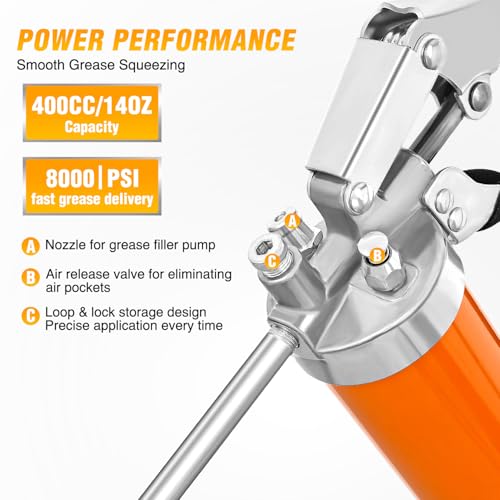 GOOACC Grease Gun 8000 PSI Heavy Duty 14oz Pistol Grip Grease Gun Kit with 18" Spring Flex Hose Sharp Type Nozzle Normal Coupler Rigid Pipe Manual Grease Guns for Greasing Automotive Marine, Orange - size: Manual 14oz Orange 7PCS