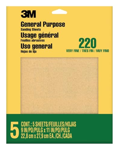 3M Sandpaper, 220 Grit, 5 Sheets, 9 x 11 in, Very Fine Aluminum Oxide - size: 9 in x 11 in, style: Very Fine
