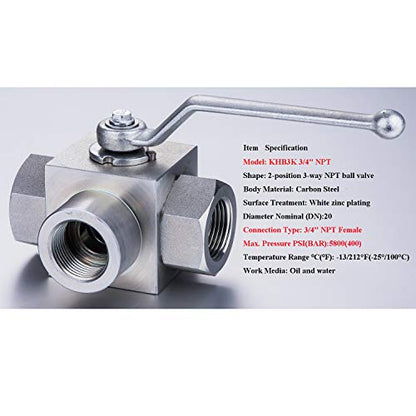 Taixin 3way Hydraulic Ball Valve 3/4 inch NPT Female Hydraulic Valve 5800PSI KHB3K L-Bore High Pressure Ball Valve - size: 3/4 NPT, style: KHB3K