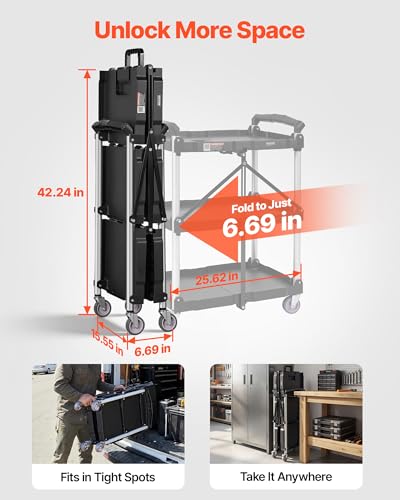 VEVOR Foldable Utility Service Cart, 165LBS 3 Shelf Heavy Duty Plastic Rolling Cart with 360° Swivel Wheels (2 with Brakes), Ergonomic Handle, Portable Garage Tool Cart for Warehouse Office Home - size: 25.62 x 15.43 x 32.76 inch