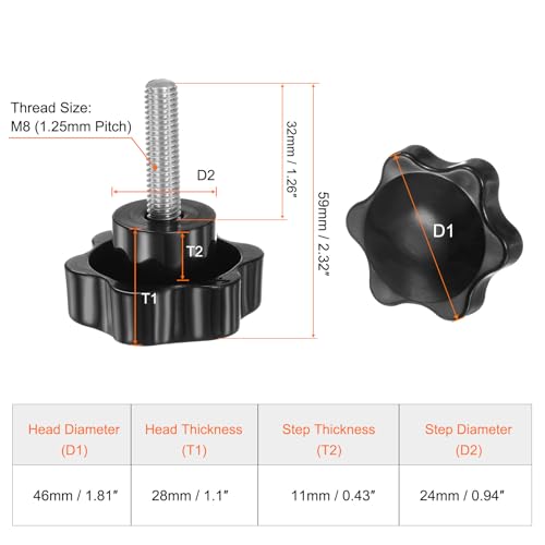 HARFINGTON 2pcs Star Knobs M8 x 32mm 304 Stainless Steel Threaded Stud 46mm Plastic 6-Star Head Hand Tightening Thumb Screw Clamping Jig Knob Handle, Black - size: M8 x 32mm x 46mm