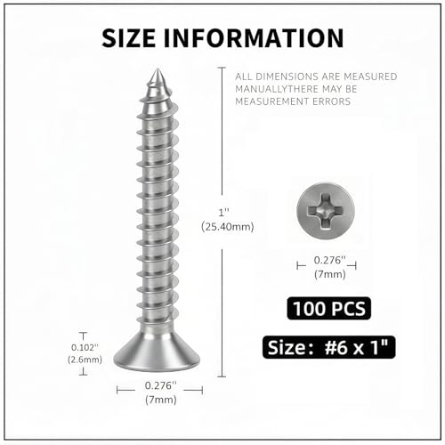 #6 x 1 [100 Pack] Flat Head Phillips Drive Self Tapping Screws, Sheet Metal Screws, 304 Stainless Steel (18-8), Corrosion Resistant Screws for Wood, Sheet Metal and More - size: #6 x 1