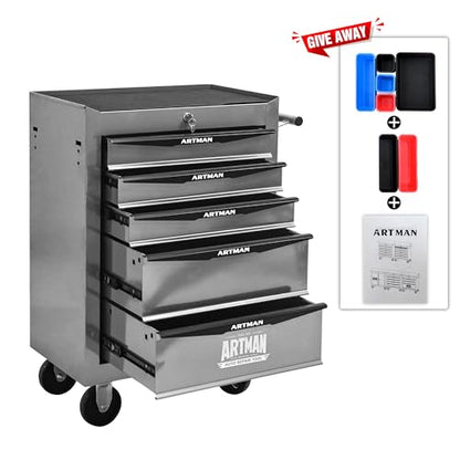 5-Drawer Rolling Tool Chest, Lockable for Garage, Silver - color: Silver, size: 5-Drawers