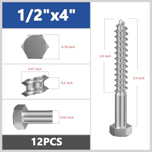Wensilon Lag Screws Wood Screws (12PCS, 1/2"x4", Silver) Hex Head Lag Bolts,(12x100) Heavy Duty Lag Screws,304 Stainless Steel Bolts 18-8 - color: Silver, size: 1/2"x4"