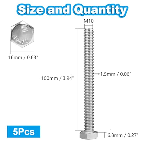 5 Pcs M10 Hex Bolts M10-1.5 x 100mm Hex Head Screw Bolt - size: M10 -1.5x 100mm