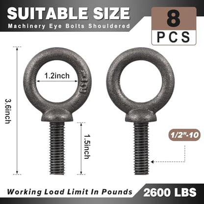 Hicarer 8 Pack 1/2 x 1-1/2 Machinery Eye Bolts Shouldered Rigging Lifting Point, Heavy Duty Lifting Shoulder Eye Bolts, Anchor Rigging Attachment, 2, 600 Lbs Working Load