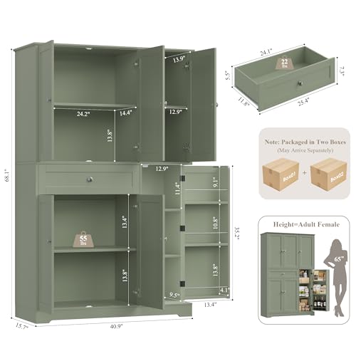 HOSTACK 68" Tall Kitchen Pantry Storage Cabinet with Doors & Shelves, Green - color: Sage Green