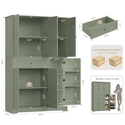 HOSTACK 68" Tall Kitchen Pantry Storage Cabinet with Doors & Shelves, Green - color: Sage Green