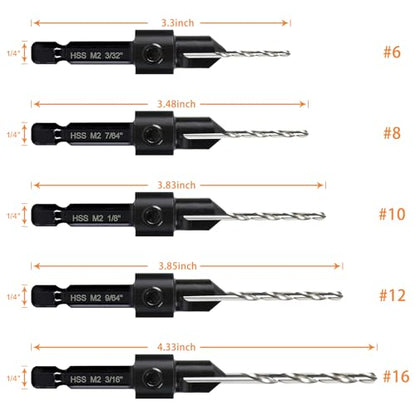 5-pc Woodworking Countersink Counterbore Drill Bit Set 3in1 for #6 8 10 12 16 Screws, M2 Pilot Drill Bits Adjustable Depth, 82-Degree Chamfer with Stop, 1/4” Hex Shank, Includes 2 Allen Wrenches - size: 5Pack Countersink Drill Bits