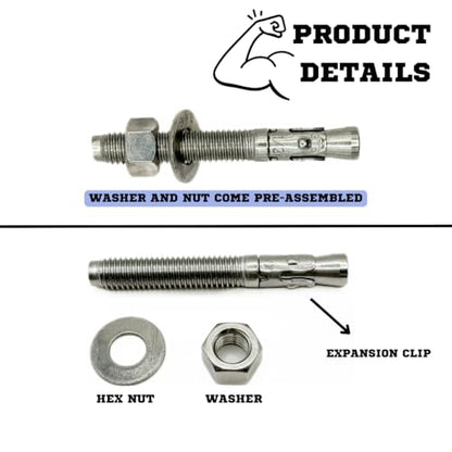 MIGHTY FASTENERS 316 SS Wedge Anchors 1/2"-13 x 3-3/4", 10 Pack - size: 1/2"-13 X 3-3/4"