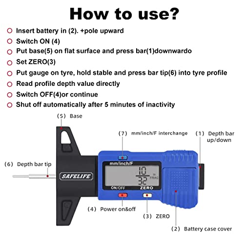 SAFELIFE Digital Tire Tread Depth Gauge, 3 Modes-Fractional Inch, Decimal Inch and Millimeter, Zeroable Tire Tread Depth Gauge for Motorcycles,Cars,Trucks,Vans,SUV Accurate Tyre Tread Depth Gauge - color: blue