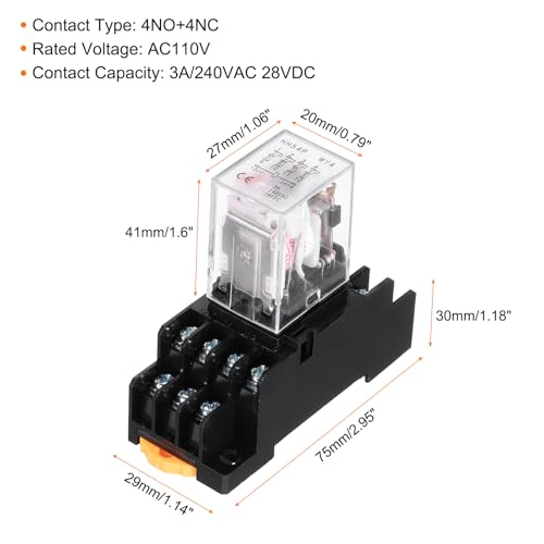 MECCANIXITY 2Pcs AC 110V Electromagnetic Power Relay, 14-Pin 3A Power Coil Relay with LED Indicator and Socket Base DPDT 4NO 4NC - MY4NJ for Industrial, Home Appliances and DIN Rail System - style: 4NO-4NC AC110V
