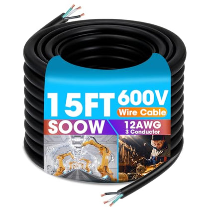 15ft 12/3 12AWG SOOW Wire, Portable Electric Wire Extension Cord - size: 15FT, style: 12AWG-3 Conductor