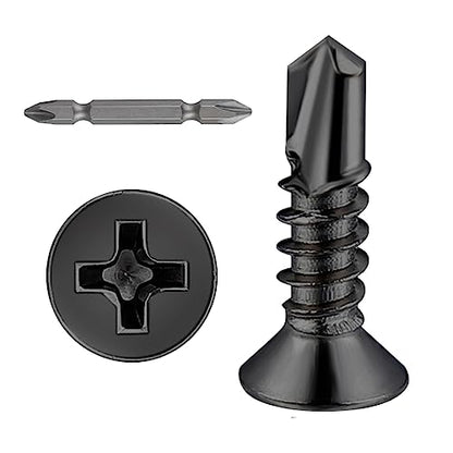 Wensilon（500pcs）#8×5/8”for Sheet Metal Self-Tapping Screws 410 Black Stainless Steel Flat Head High-Strength Quick self-Drilling Screws - color: Black, size: #8X5/8"