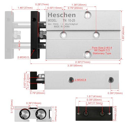 Heschen Double Rod Air Cylinder, TN10x25, 10mm Bore, 25mm Stroke, Double Acting Pneumatic Actuator with Magnetic Piston, 0.4° High Non-Rotation Precision for CNC, Robotics & Pick-and-Place Automation - size: 25mm Stroke